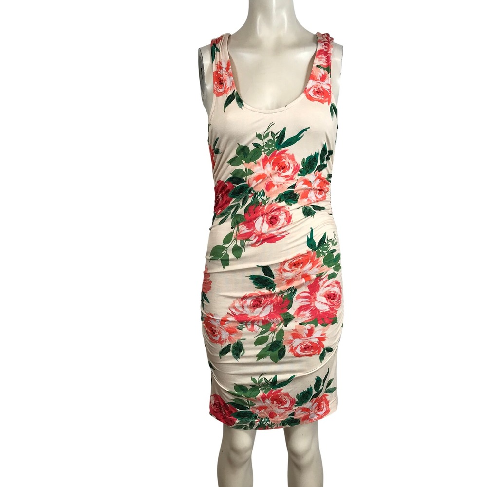 Daily Practice Floral Ruched Tank Dress Cream Pink Green Roses XS